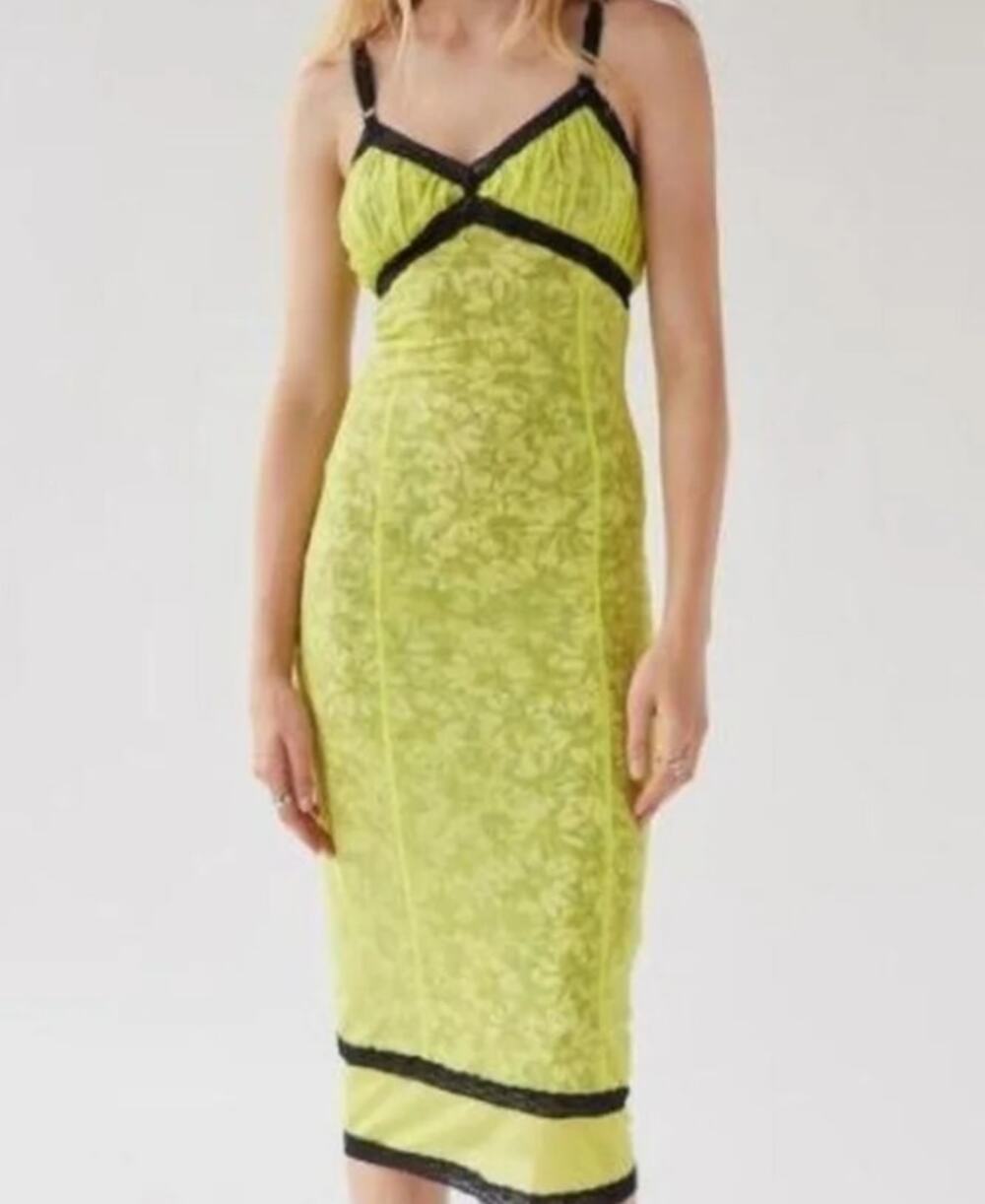 URBAN OUTFITTERS Olivia Mesh Midi Dress M Yellow Black Y2K Grunge Floral Slip